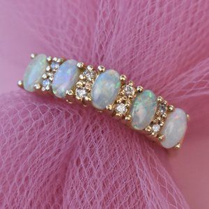 White opal and diamond wedding band 14K gold, anniversary stack right hand ring